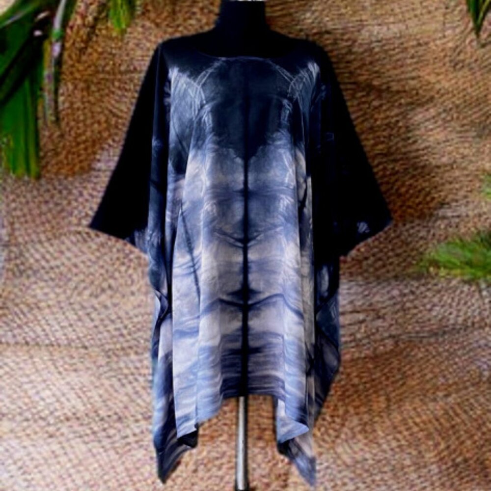 Blue Black Tie Dyed Dolman Sleeve Cover Up Poncho Top